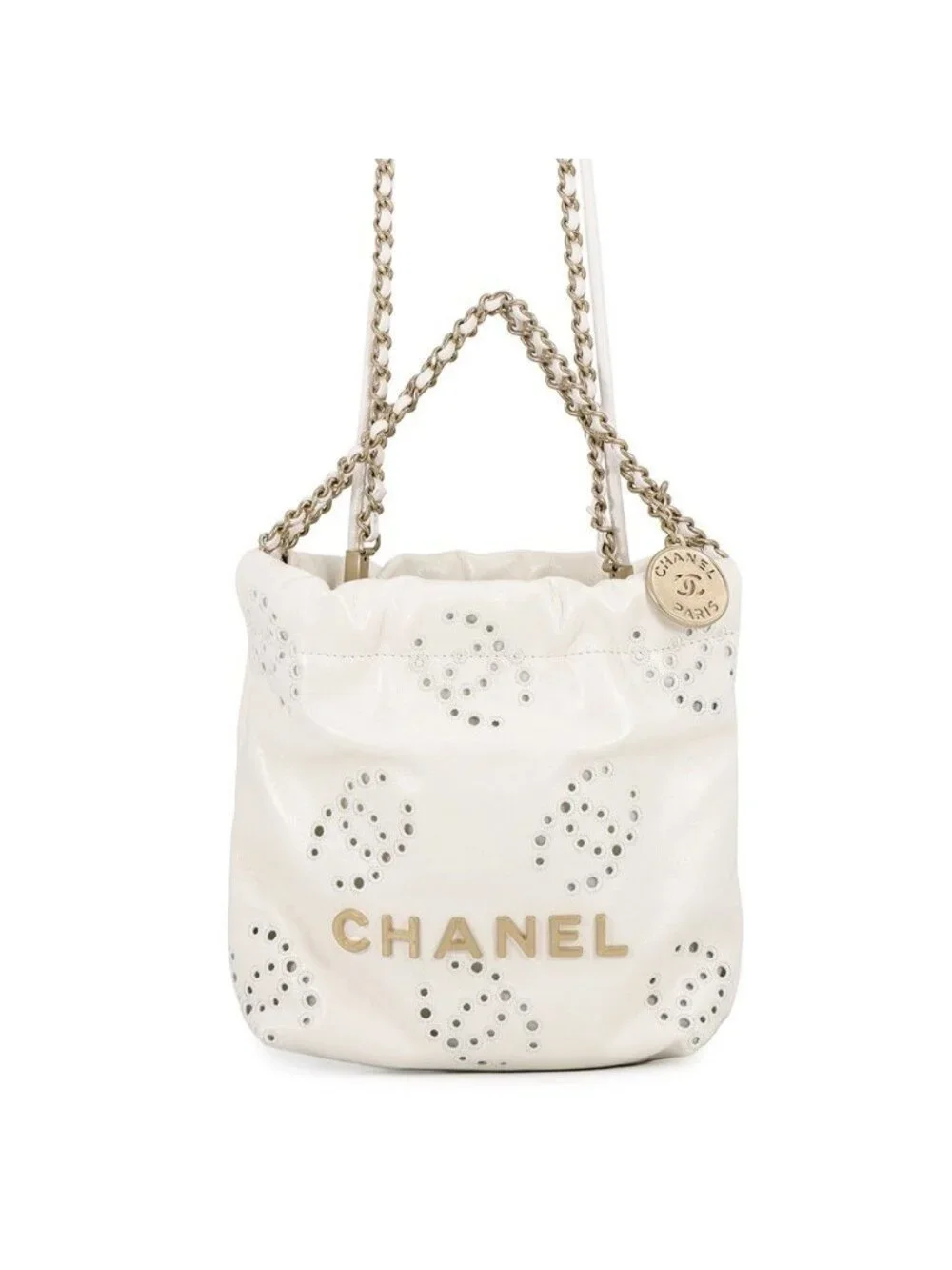 Chanel Handbag 22 Mini Perforated CC Logo Shiny Calf Leather 2-Way White